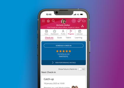 A mobile with People First employee check-in functionality displaying.