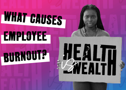 Woman holding up a sign saying health is wealth promoting workplace mental health. 