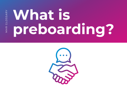 what is preboarding header, with two hands shaking with a speech bubble as an icon. 