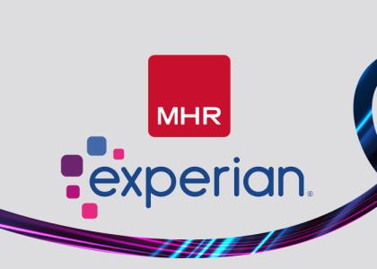 The MHR and Experian logos on a grey background, with a purple and blue swirl running through the image.