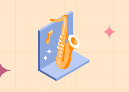 A saxophone on a cream background, surrounded by stars.