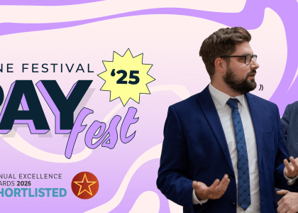 Two people on a PayFest background