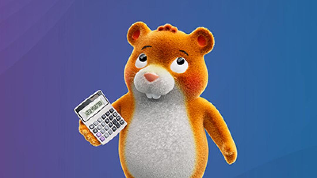 Harriet the hamster using a calculator for her finances. 