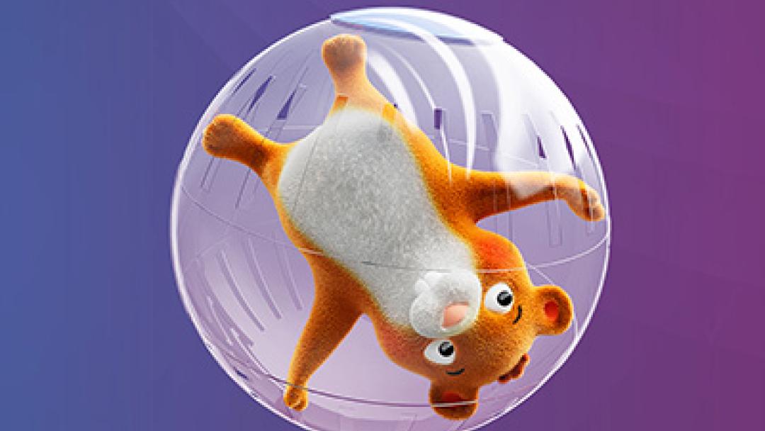 Harriet the hamster in the wheel, representing MHR reinventing HR systems and not the wheel.