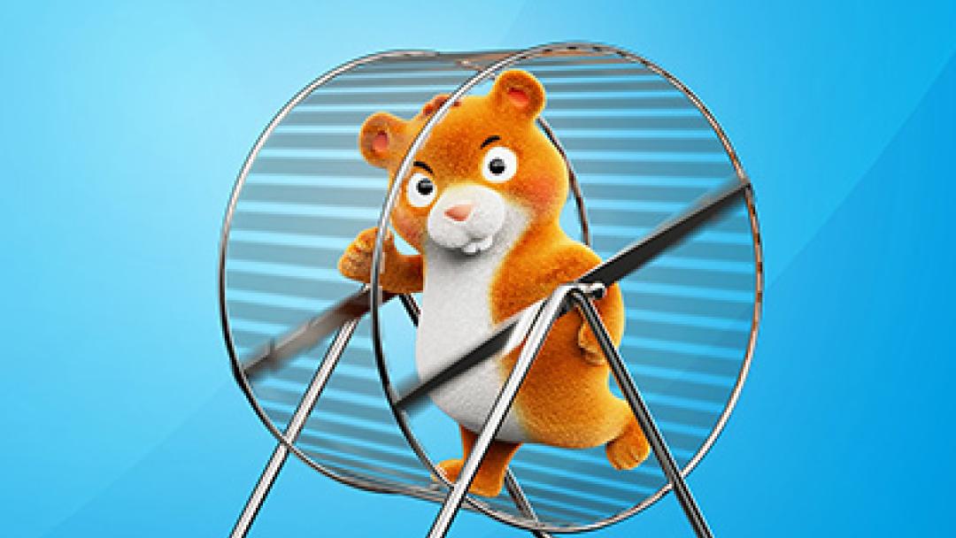 Harriet the hamster in a wheel, representing how repetitive payroll can be.