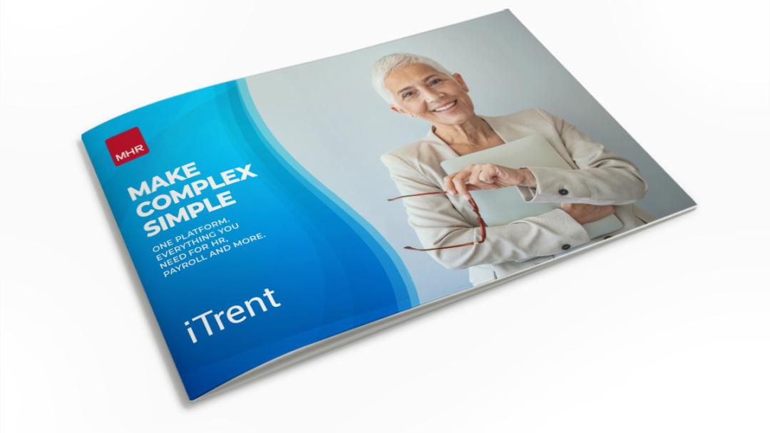 Mock up on the iTrent overview brochure including an older woman smiling with a blue wave overlay on the left