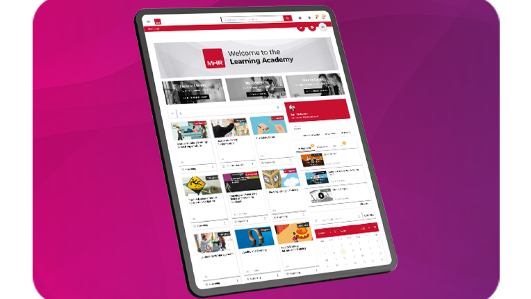 MHR Learning on a tablet showing multiple training courses.