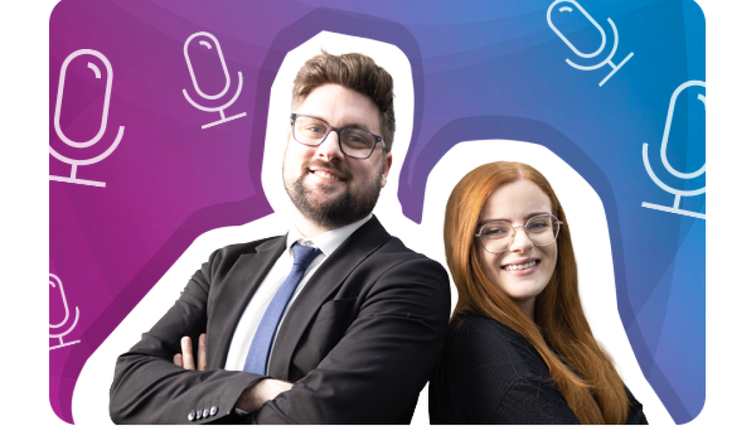 MHR Podcast hosts Andy Fowler and Emma Hatton stood back to back