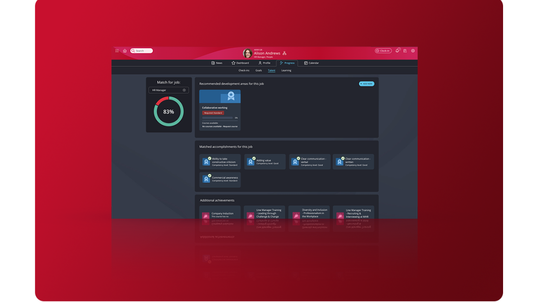 People First progress dashboard showing an employees match for a job, allowing them to complete training courses to develop in areas required.