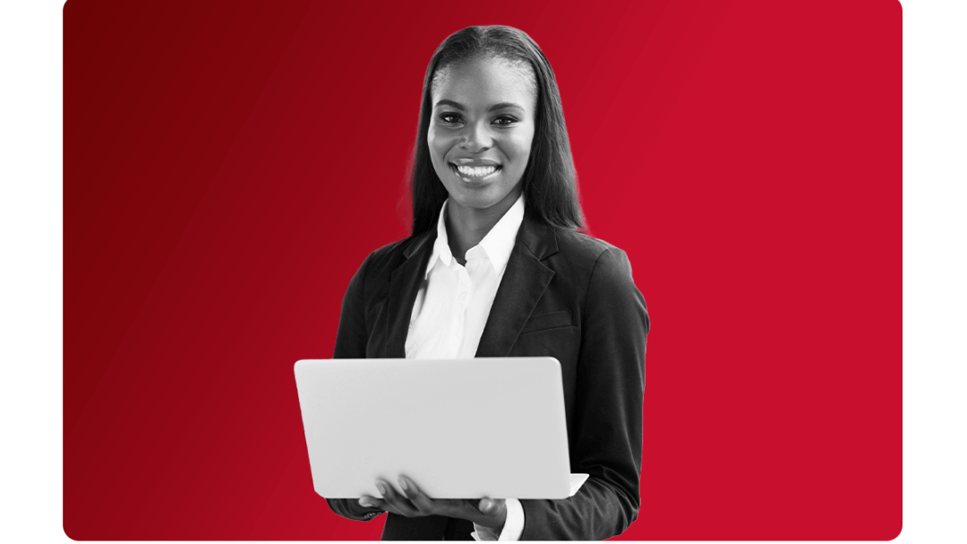 a lady in a suit smiling about operational transformation.