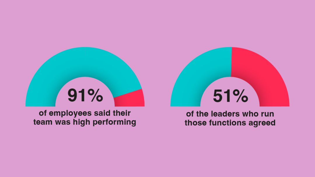 Statistical Illustrations depicting 91% employees thinking their organisation is high performing versus only 51% of their leaders