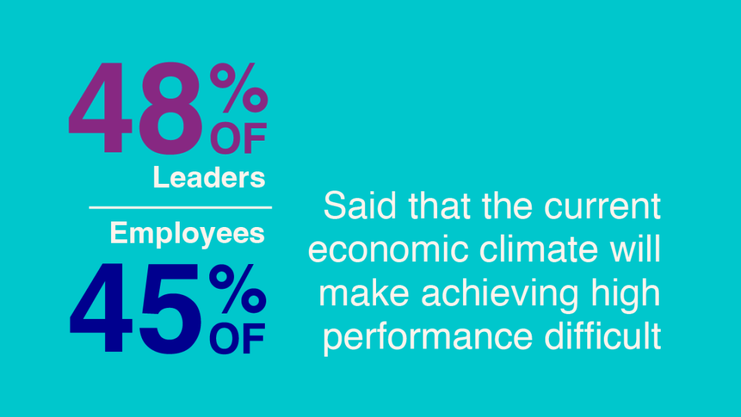 Statistical illustration depicting 48% leaders versus 45% of employees thinking that economic climate will make achieving high performance difficult