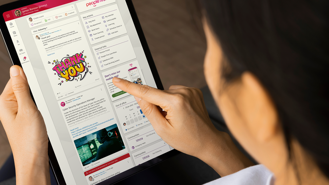 View over the shoulder of a woman viewing People First dashboard on tablet device