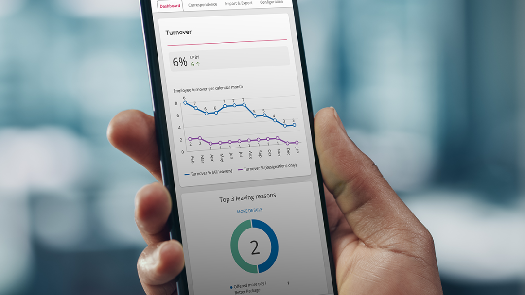 Hand holding a mobile device with People First employee turnover insights on screen