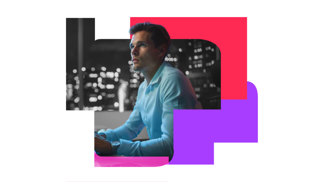 AI grid image of man on laptop.