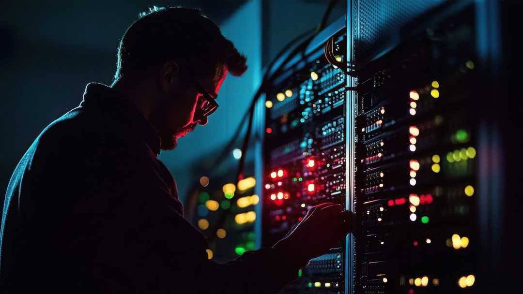 man looking at a data server