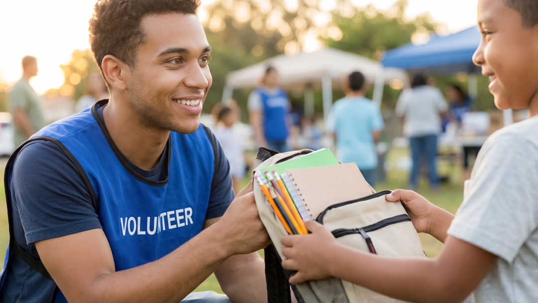 Smiling volunteer in a blue "VOLUNTEER" shirt hands a backpack of school supplies to another person.