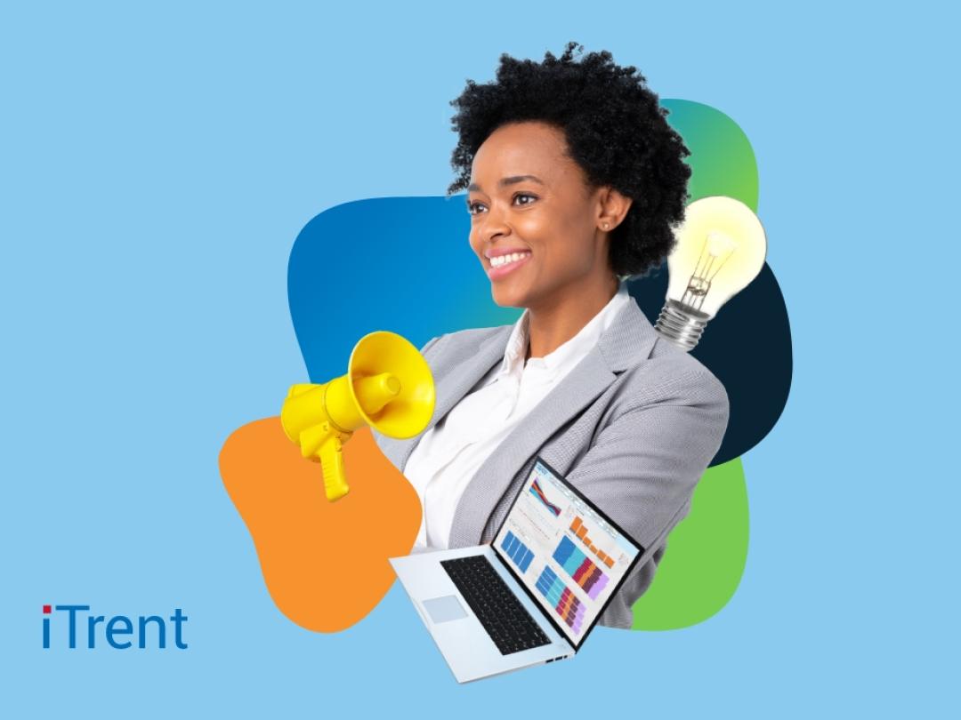 Lady smiling with arms folded and icons of a light bulb, laptop and megaphone around her