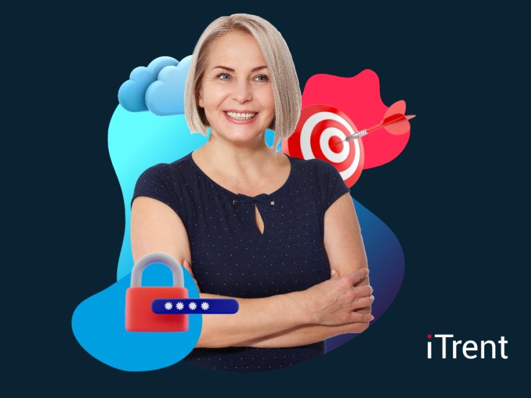 Lady with folded arms smiling with target symbol 