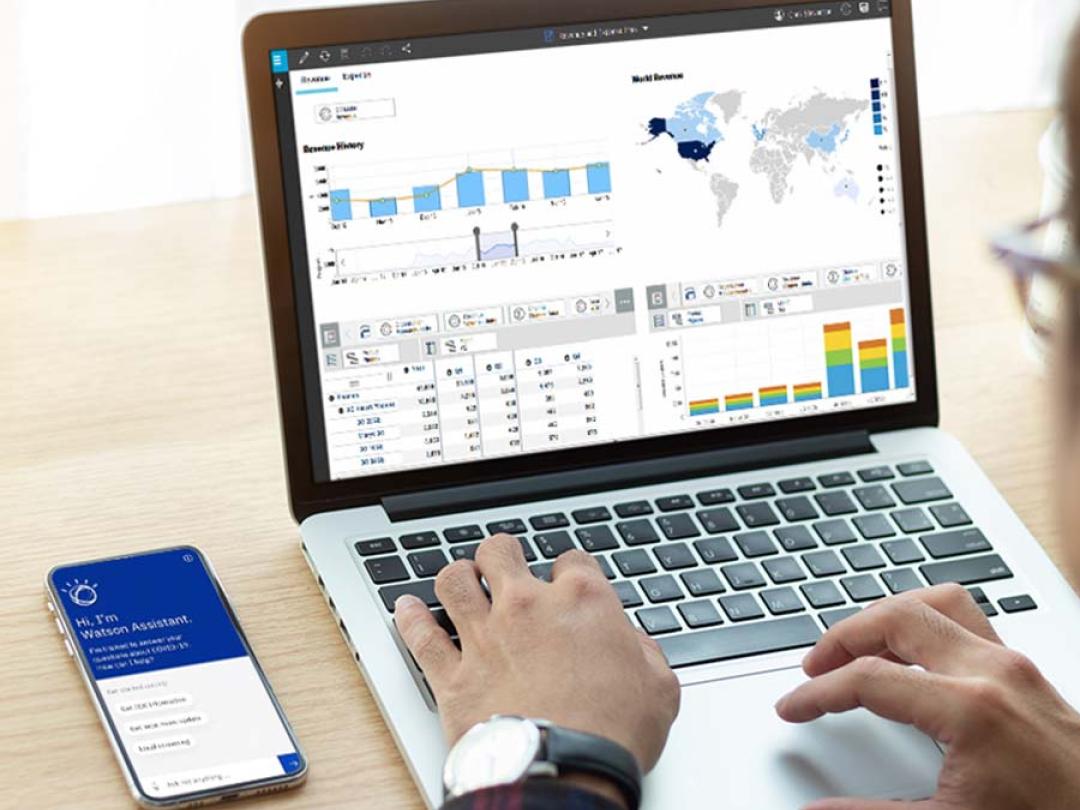 Computer and phone screen with IBM Planning Analytics charts and data presented