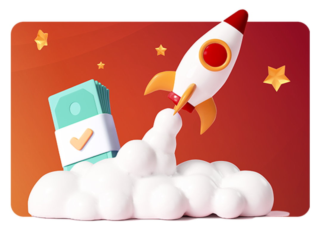 Bundle of cash and rocket shooting up in the air, launching your payroll into a generation.