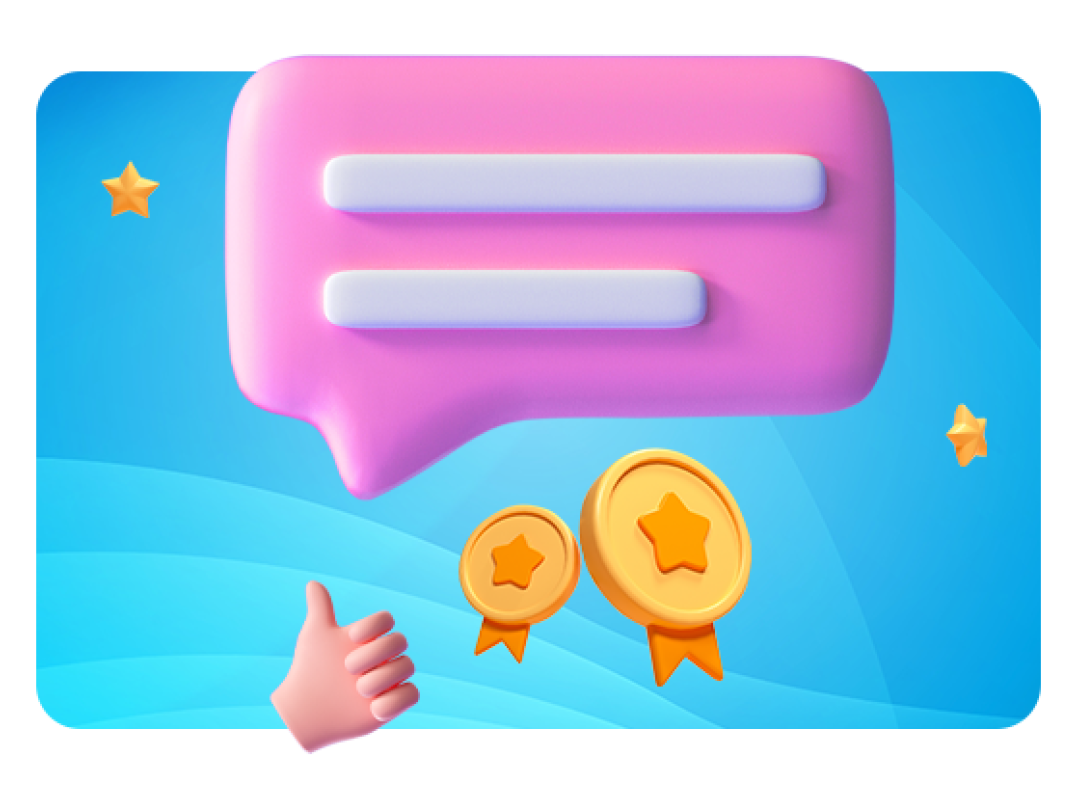 Speech bubble with a thumbs up, stars and medals