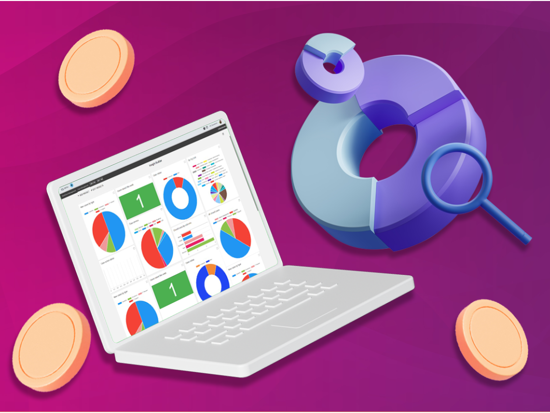 Laptop surrounded by coins and data charts showing iTrent Salary Modelling.