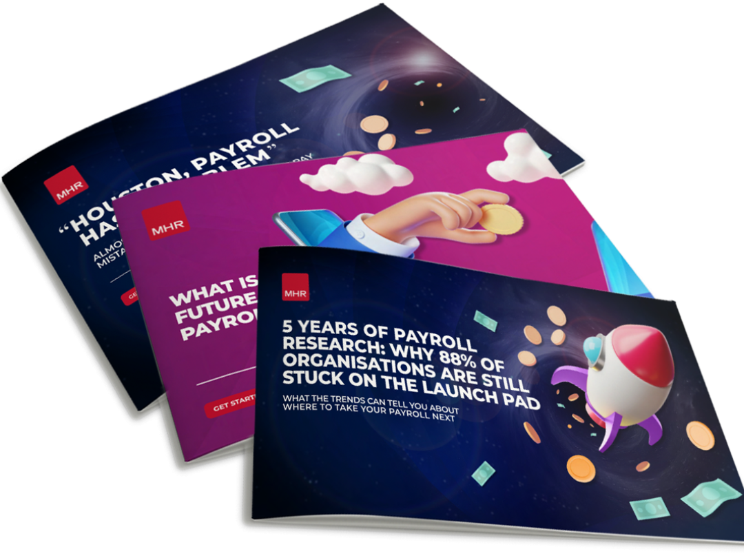 Three content pieces all showing in a single image including: 5 years of payroll guide, payroll research report, and the future of payroll guide. 