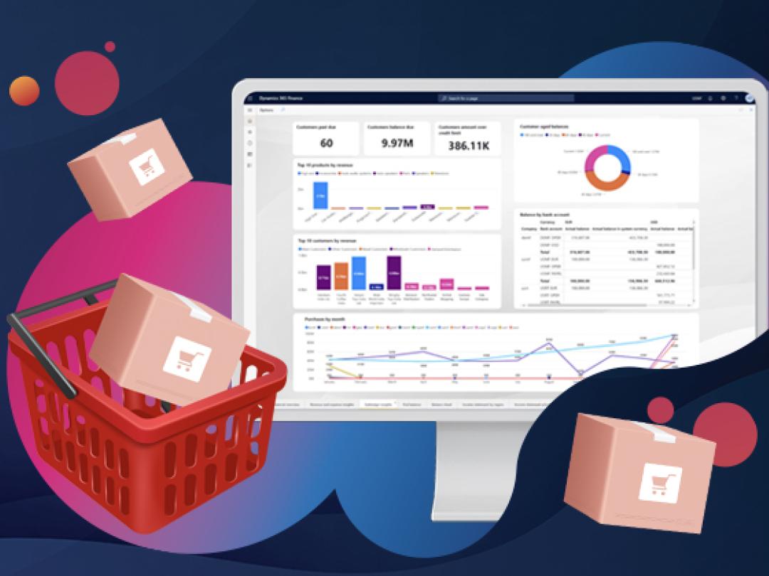Desktop showing data dashboard surrounded by retail boxes