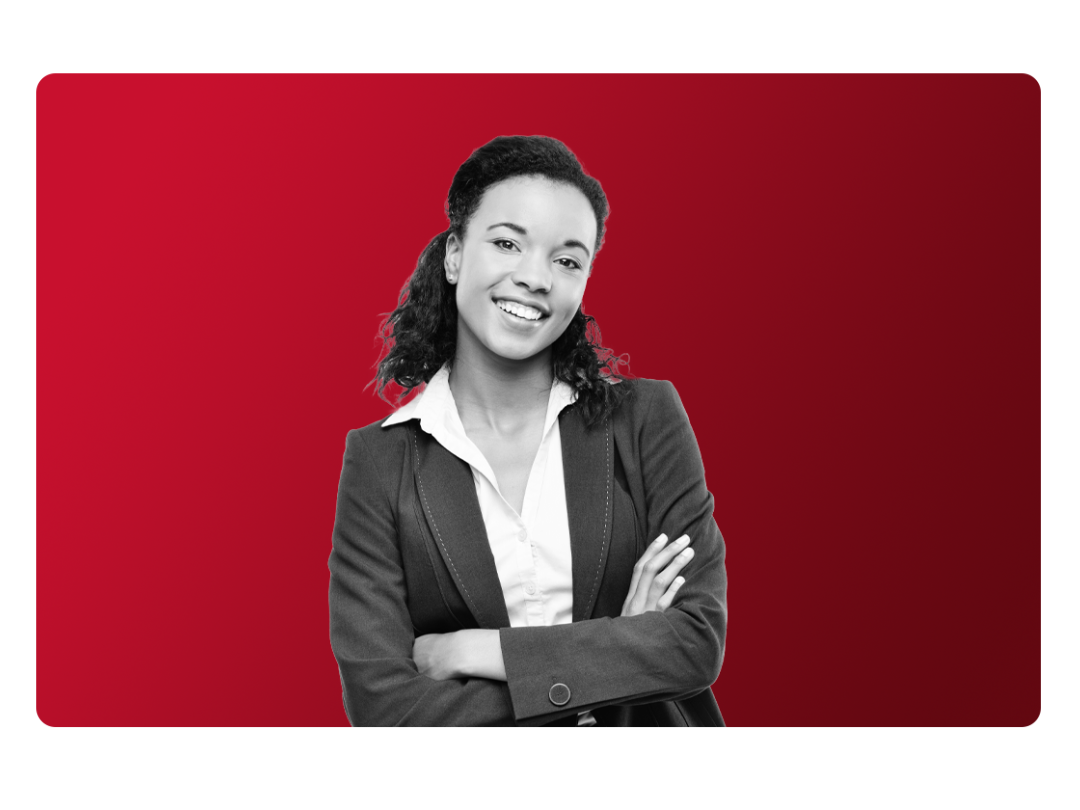 A lady smiling with her arms crossed. Happy after using MHR's ESG resources.
