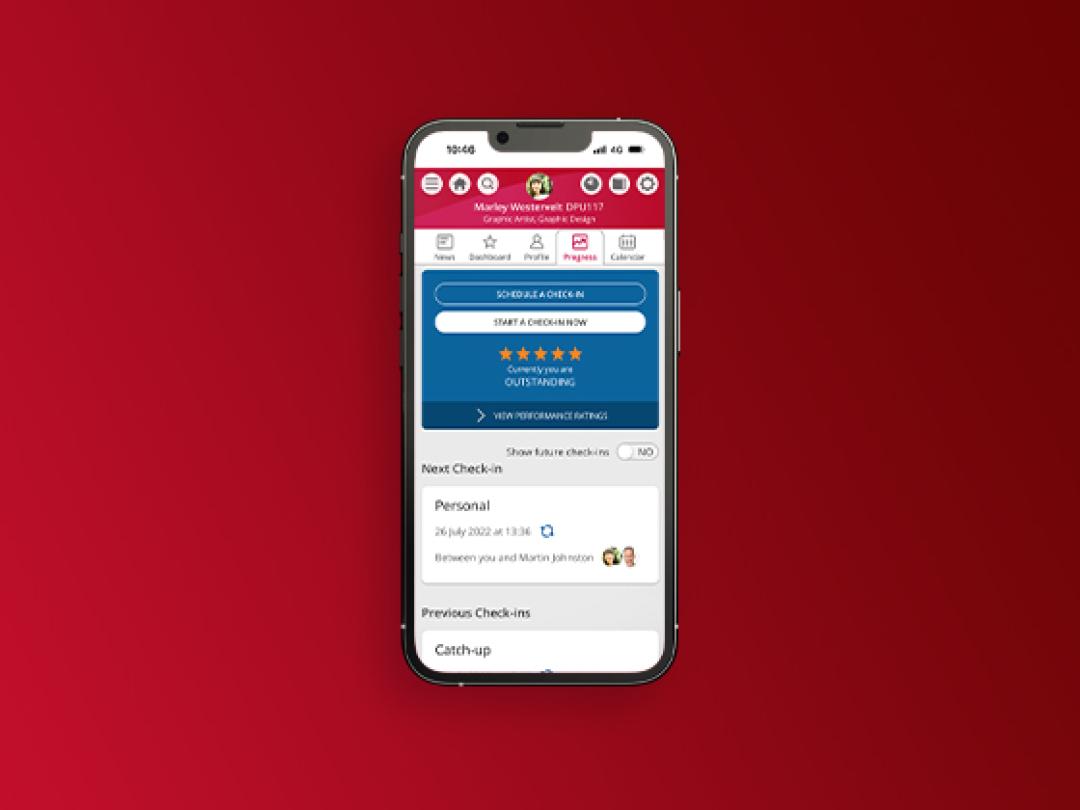 A mobile with People First's HR software, showing employee check-ins improving company culture.