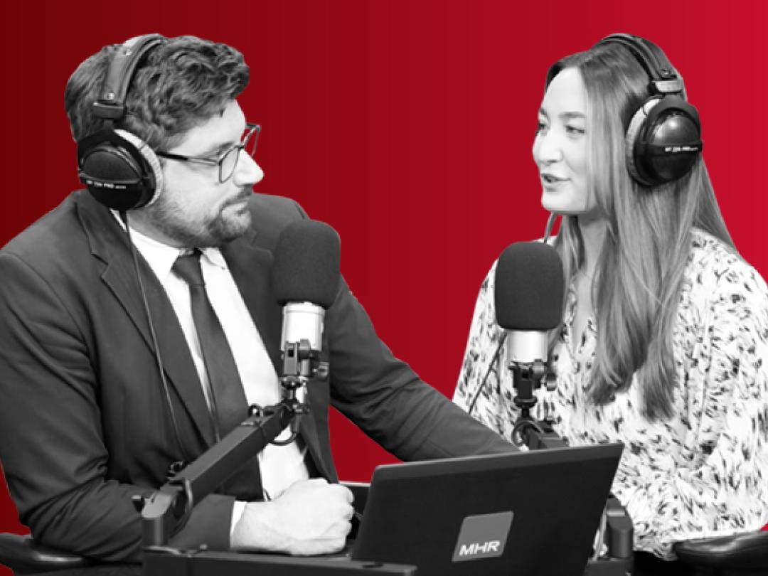 Andy and Alice talking on the podcast, who will be hosting our conversations from the couch