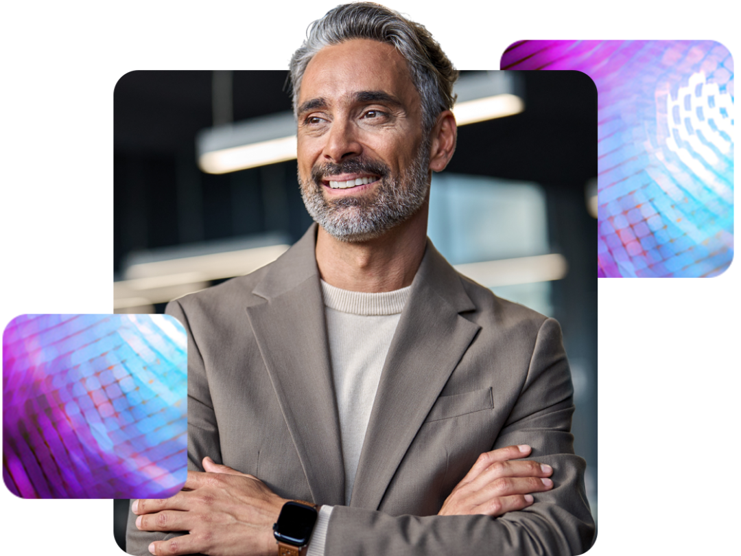 a man wearing a suit jacket and an apple watch, smiling about financial planning with MHR's finance integration.