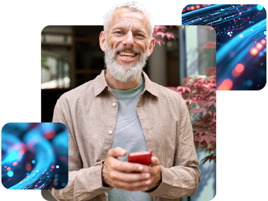 Three sqaures, two small ones around a big sqaure. The two small ones have scientific graphics, the big square has a man smiling holding a phone.