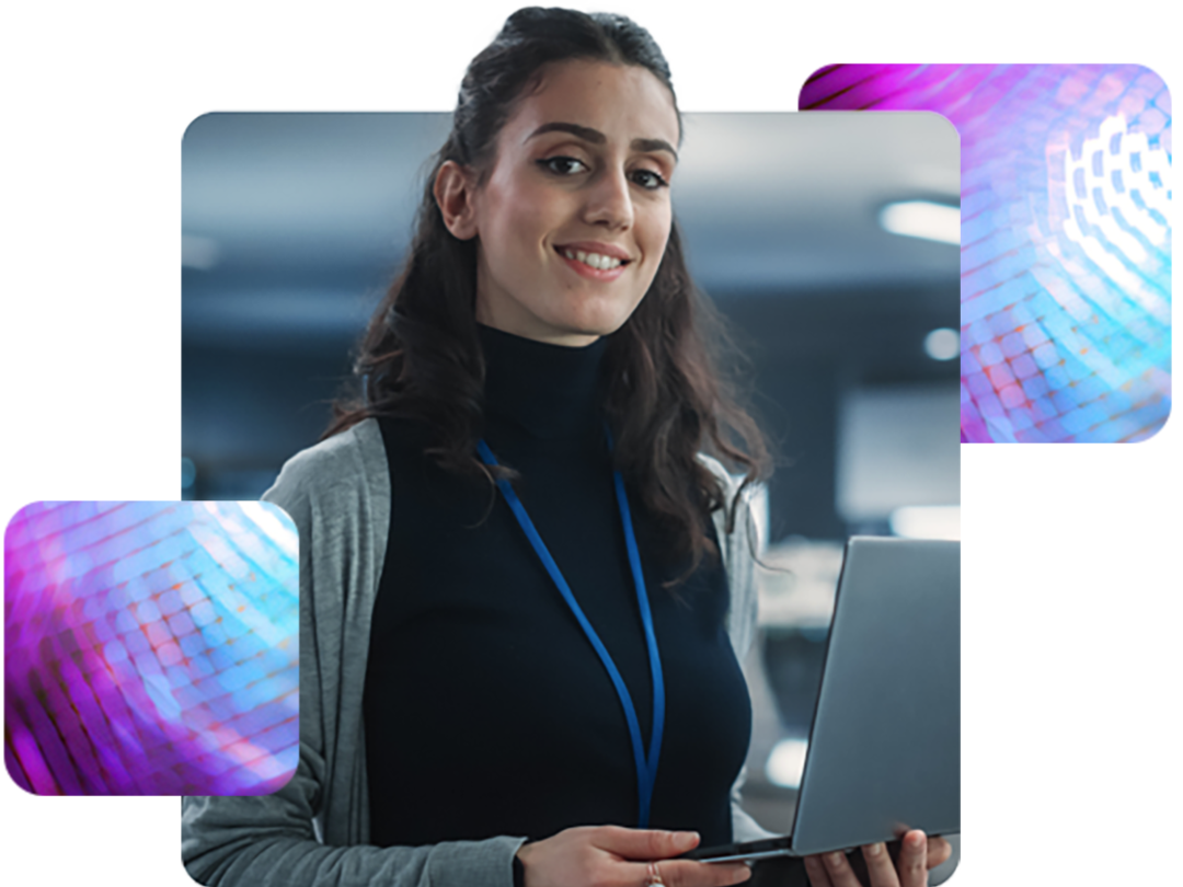 a lady smiling holding a laptop, happy about payroll implementation with People First.