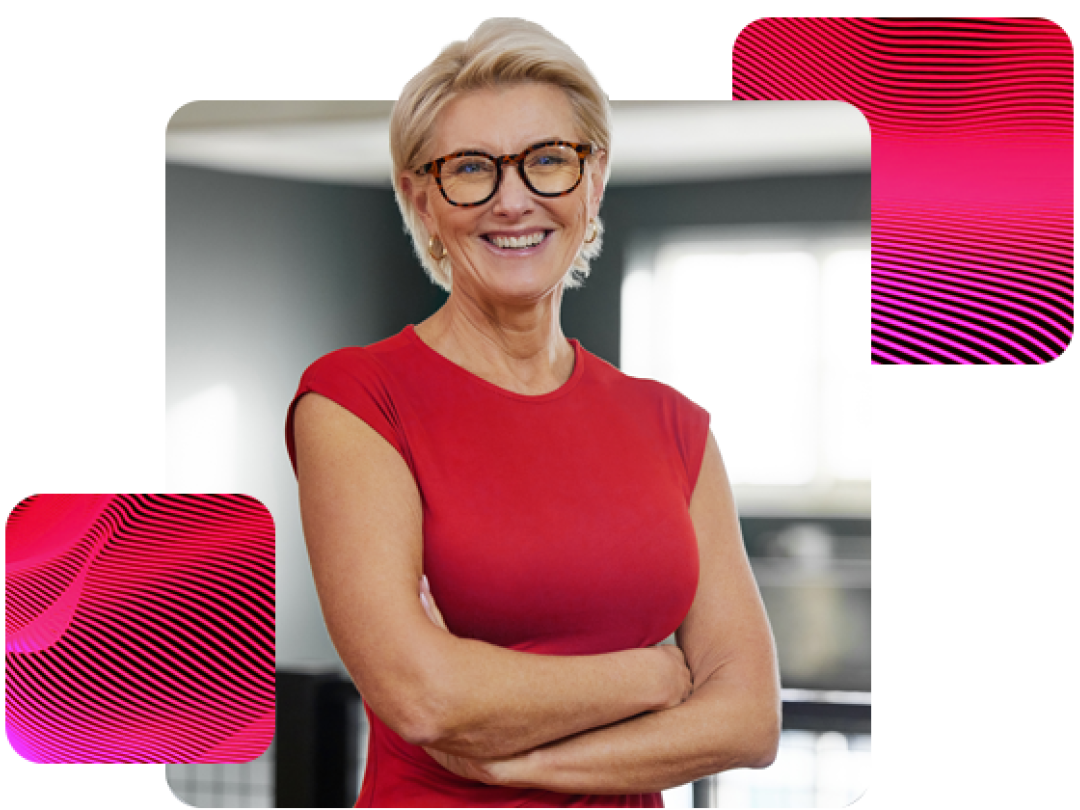 Three squares, two smaller ones with geometric patterns either side of the big sqaure with a lady wearing glasses and a red top, smiling about People First's HR solutions.