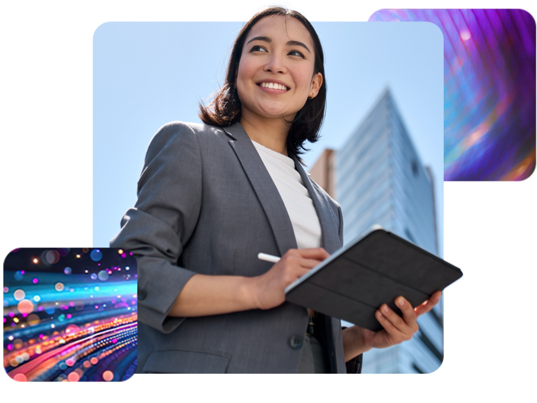 A portrait of a government worker smiling as she accesses People First on her tablet