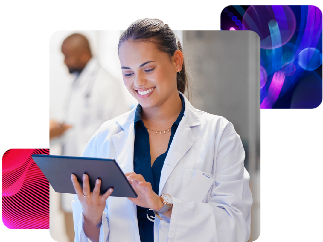 Portrait of a female healthcare worker smiling as she accesses MHR software on her tablet