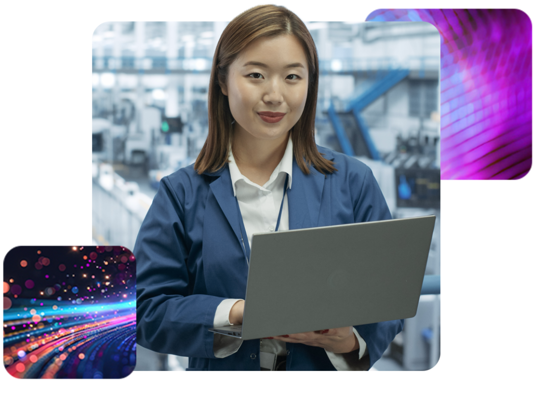 Portrait of a woman working in a manufacturing company accessing MHR software on her laptop