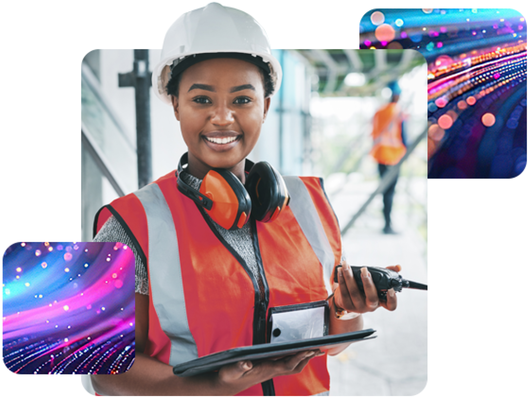 a construction worker, logging into People First's workforce management software to clock-in.