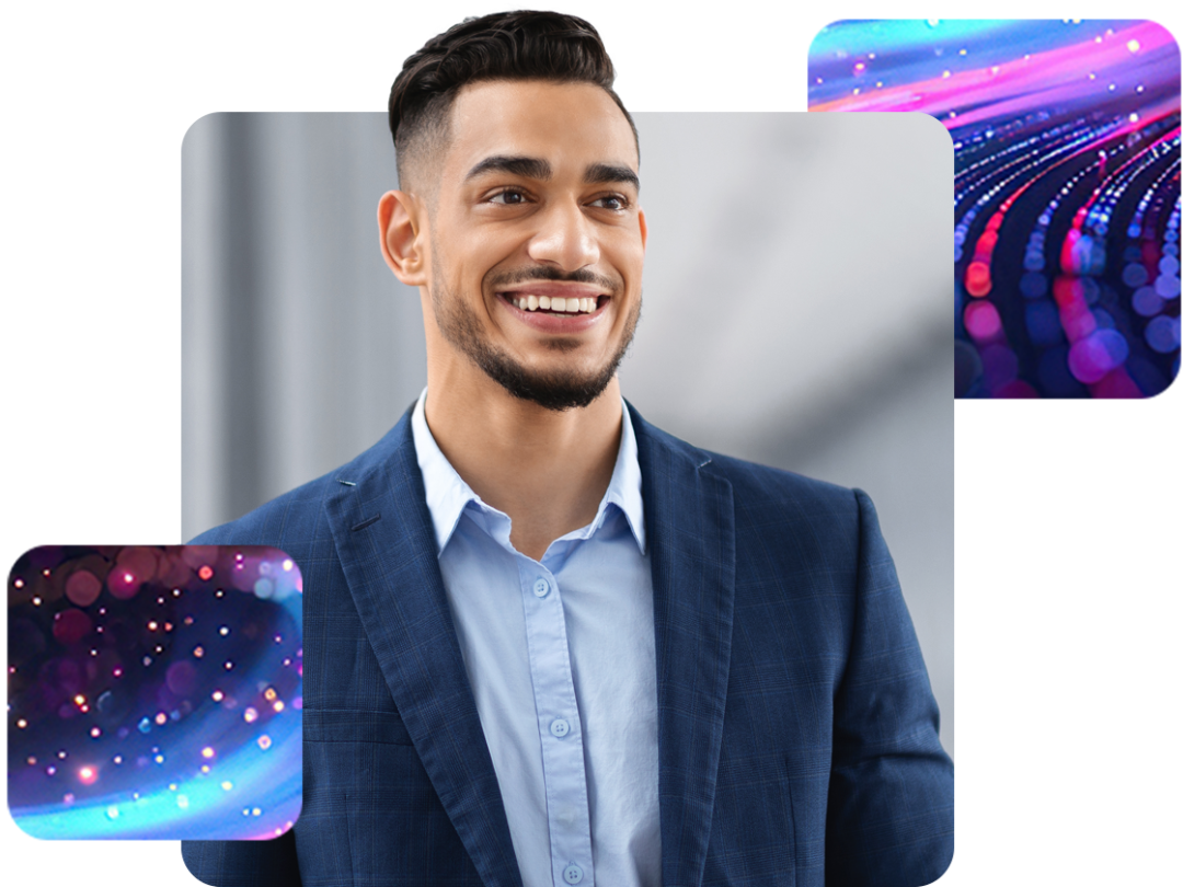 A man wearing a suit smiling, happy about integrating Microsoft power bi through MHR.