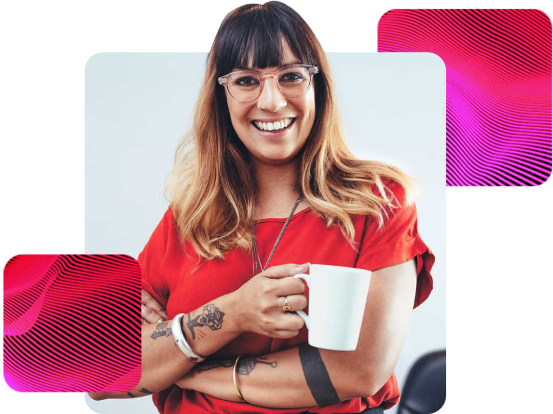 a lady smiling, holding a coffee mug. happy about upskilling talent using People first's talent management system.