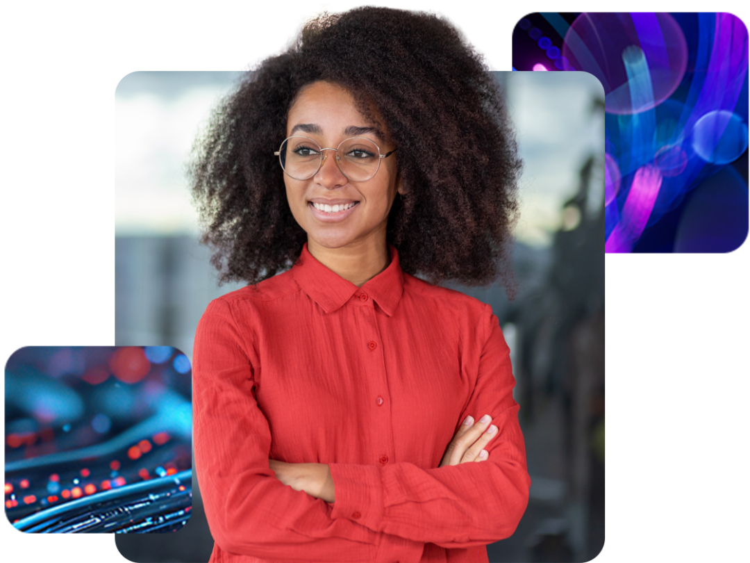a lady wearing glasses smiling with her arms crossed, happy after using People First's workforce management feature.