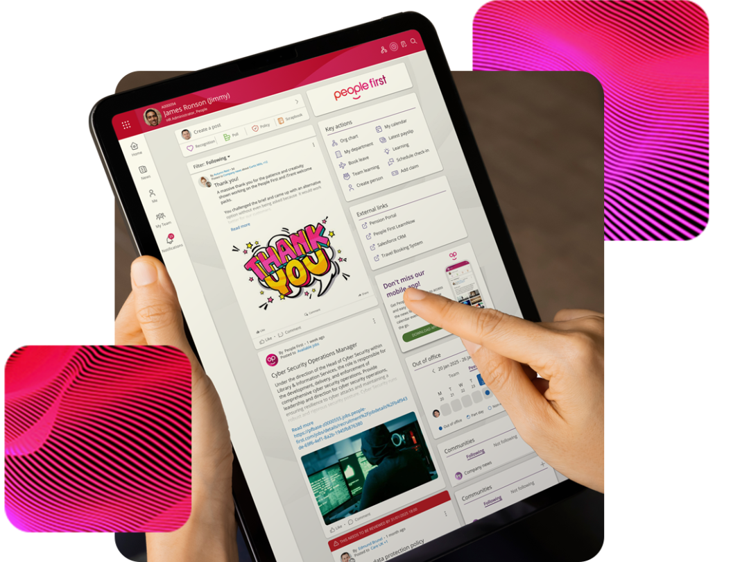 A tablet with People First news landing page