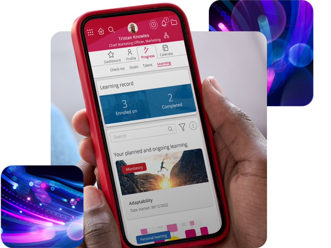 A mobile phone displaying People First employee learning and development progress