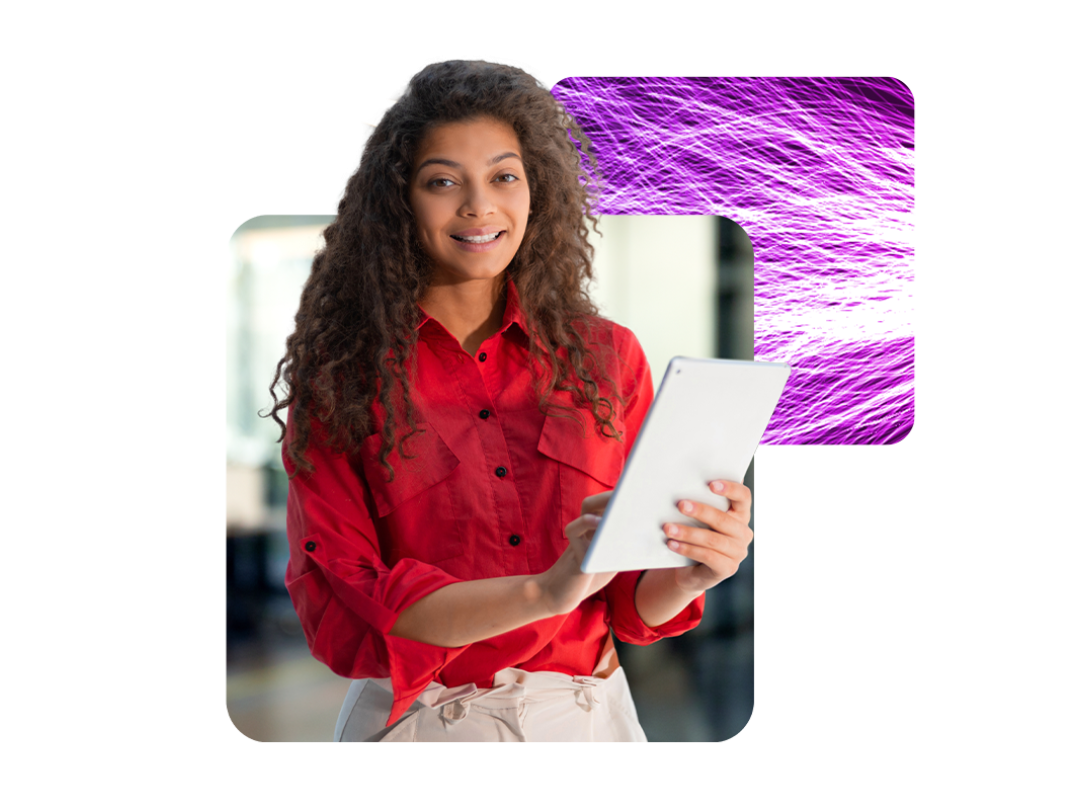 Business woman in red shirt using ipad