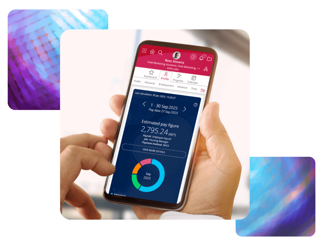 Employee viewing payroll module within People First platform on mobile device