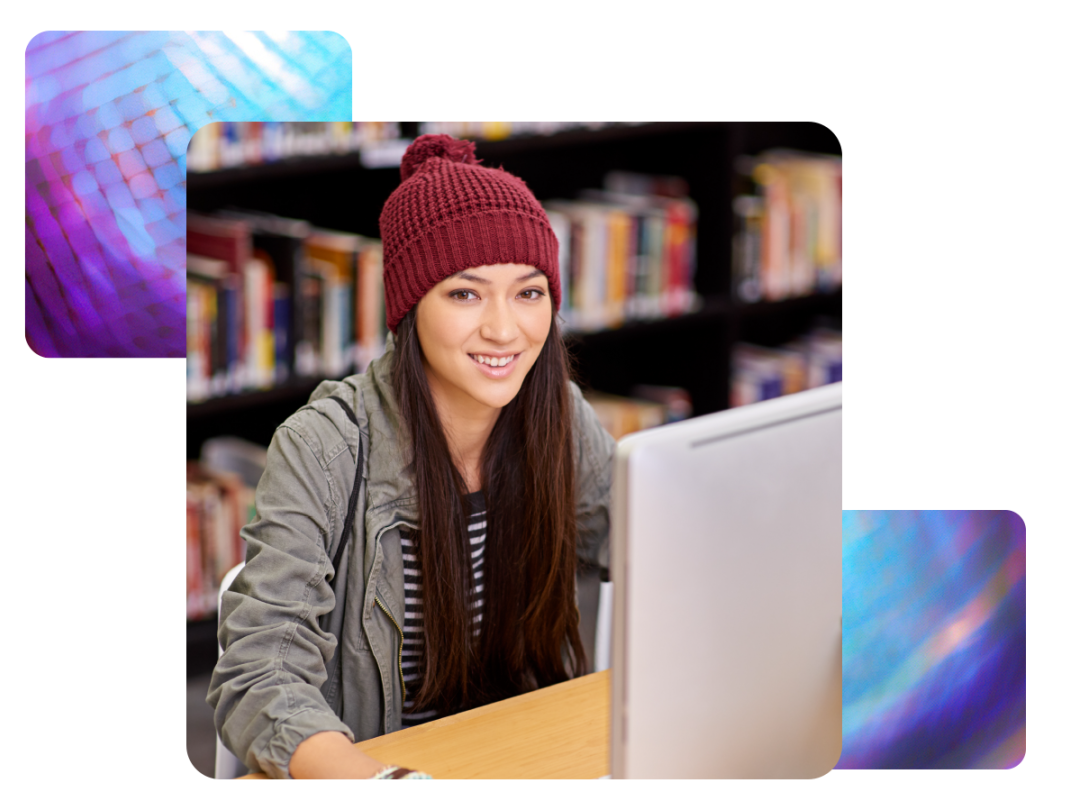 Campus student smiling in the library