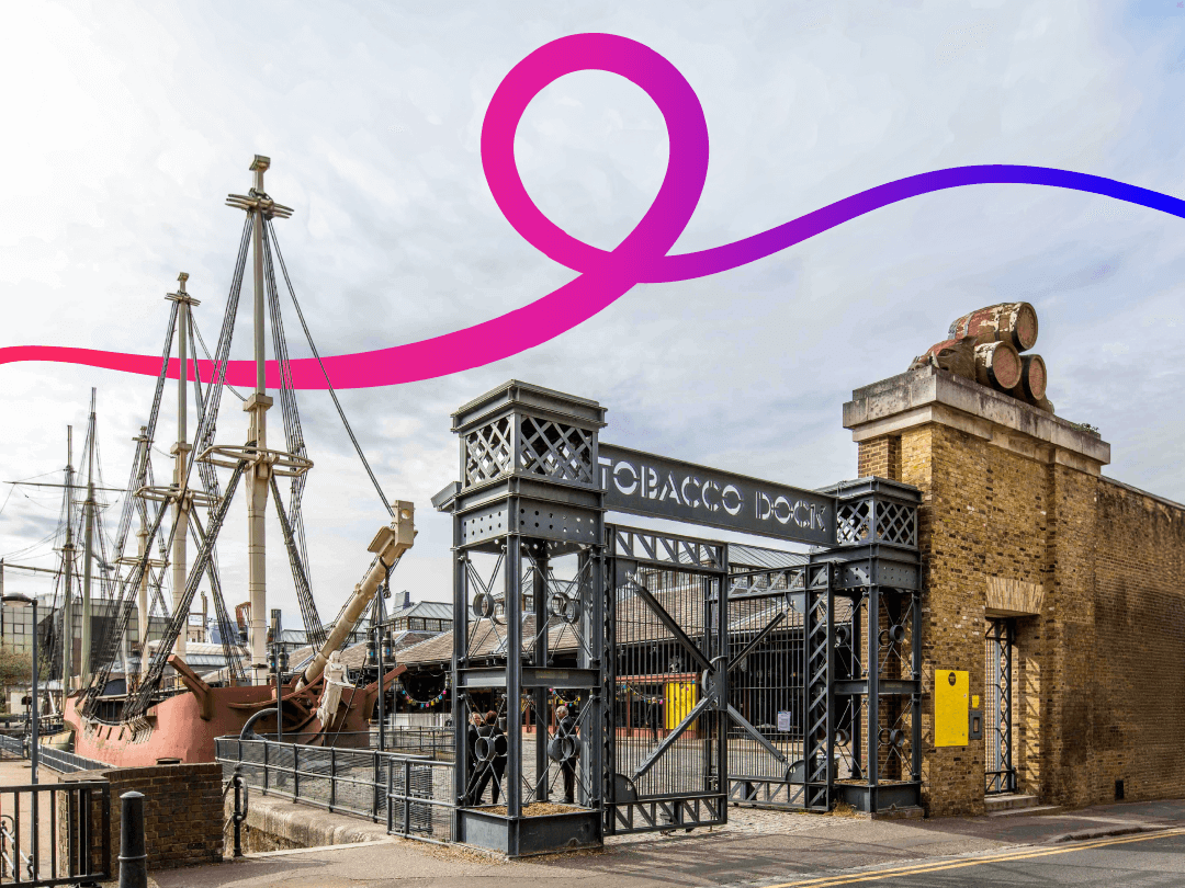 Entrance to Tobacco Dock London with a stylised flow line overlaid