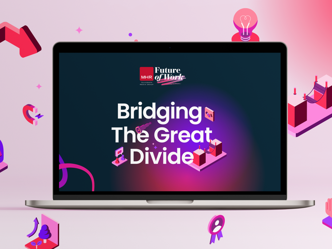 A laptop showing the 2026 British Business Survey report, surrounded by a pink background with colourful icons.